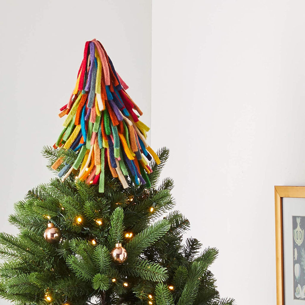 Handmade Hand Felted Wool Christmas Tree Topper - Multicolor Fringe Arcadia Home
