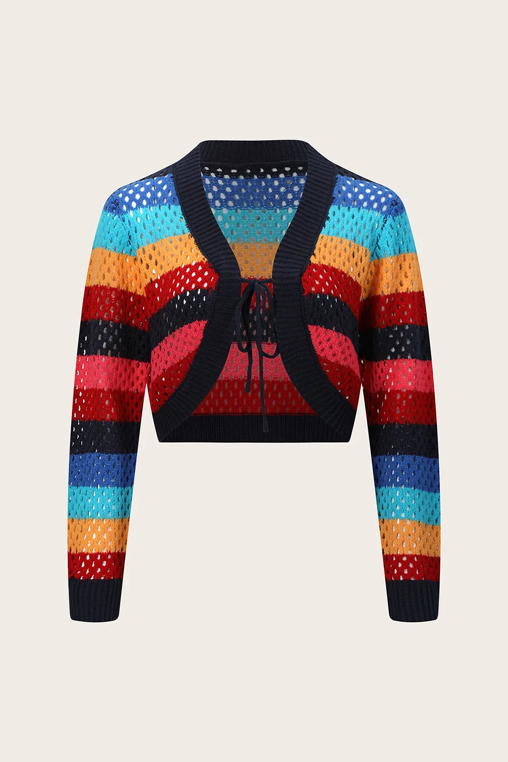Hollow out short women's top knitted cardigan tie contrasting color stripes