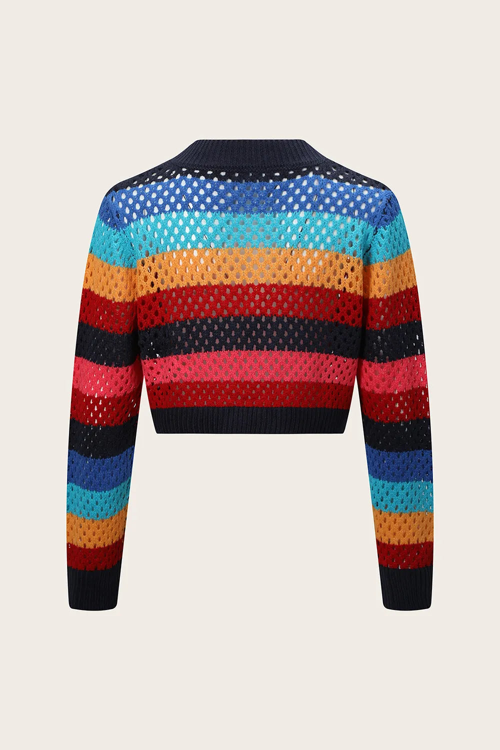 Hollow out short women's top knitted cardigan tie contrasting color stripes