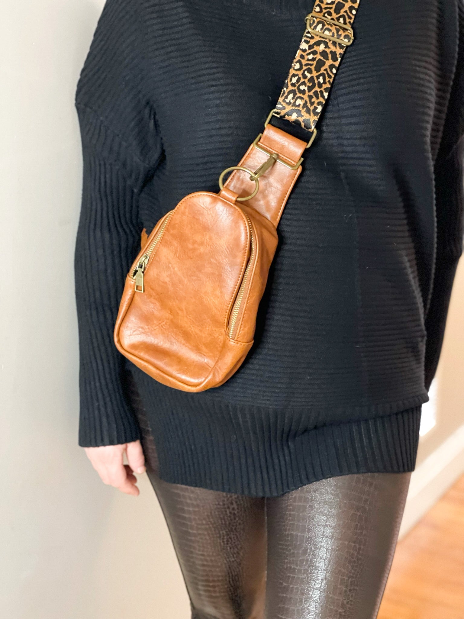 The Isla Sling Bag with Guitar Strap | Dark Brown with Leopard Strap