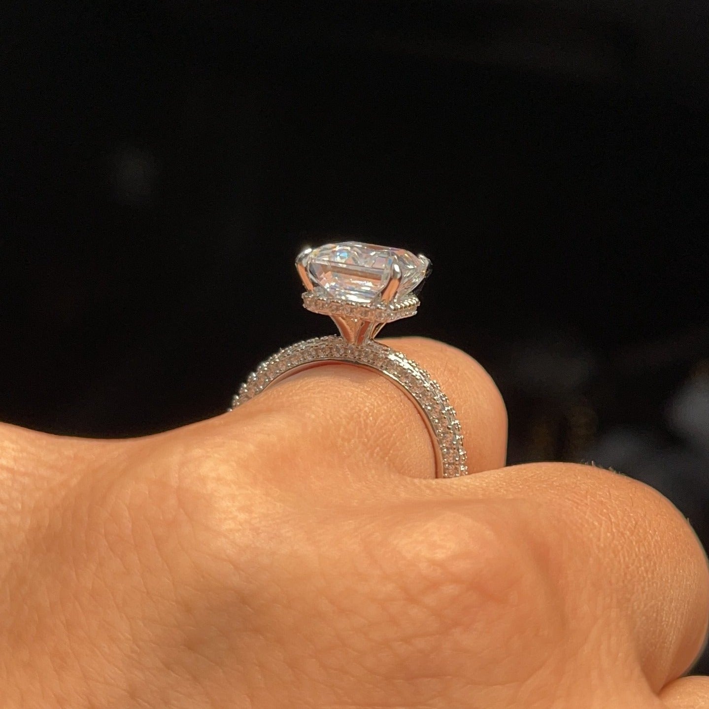 3.0ct Emerald Cut Moissanite Diamond Pavè Three Row Band Engagement Ring
