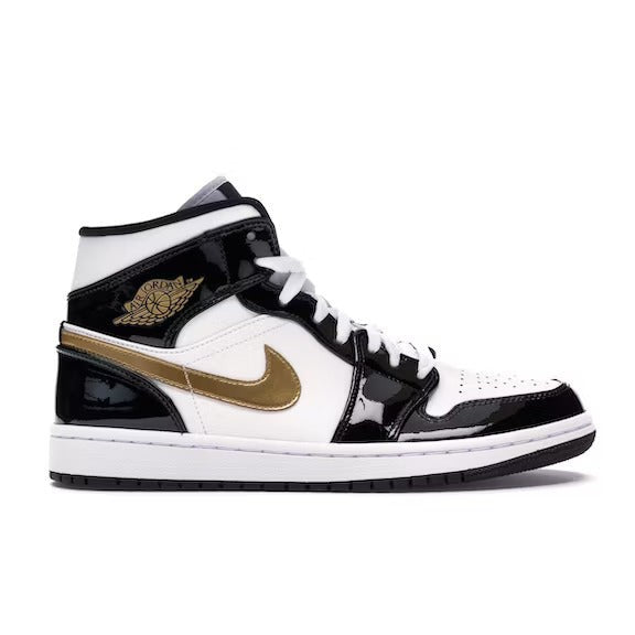 Jordan 1 Mid Patent Black White Gold