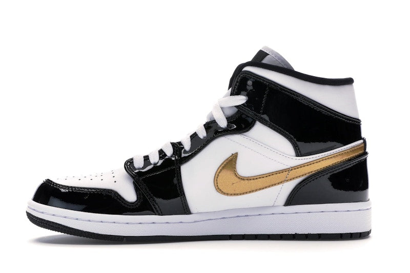 Jordan 1 Mid Patent Black White Gold