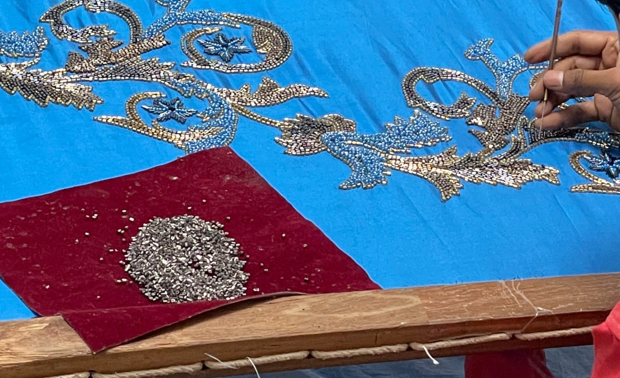 Hand Beaded Imperial Blue Silk Christmas Tree Skirt Blue 60" / 72" Arcadia Home