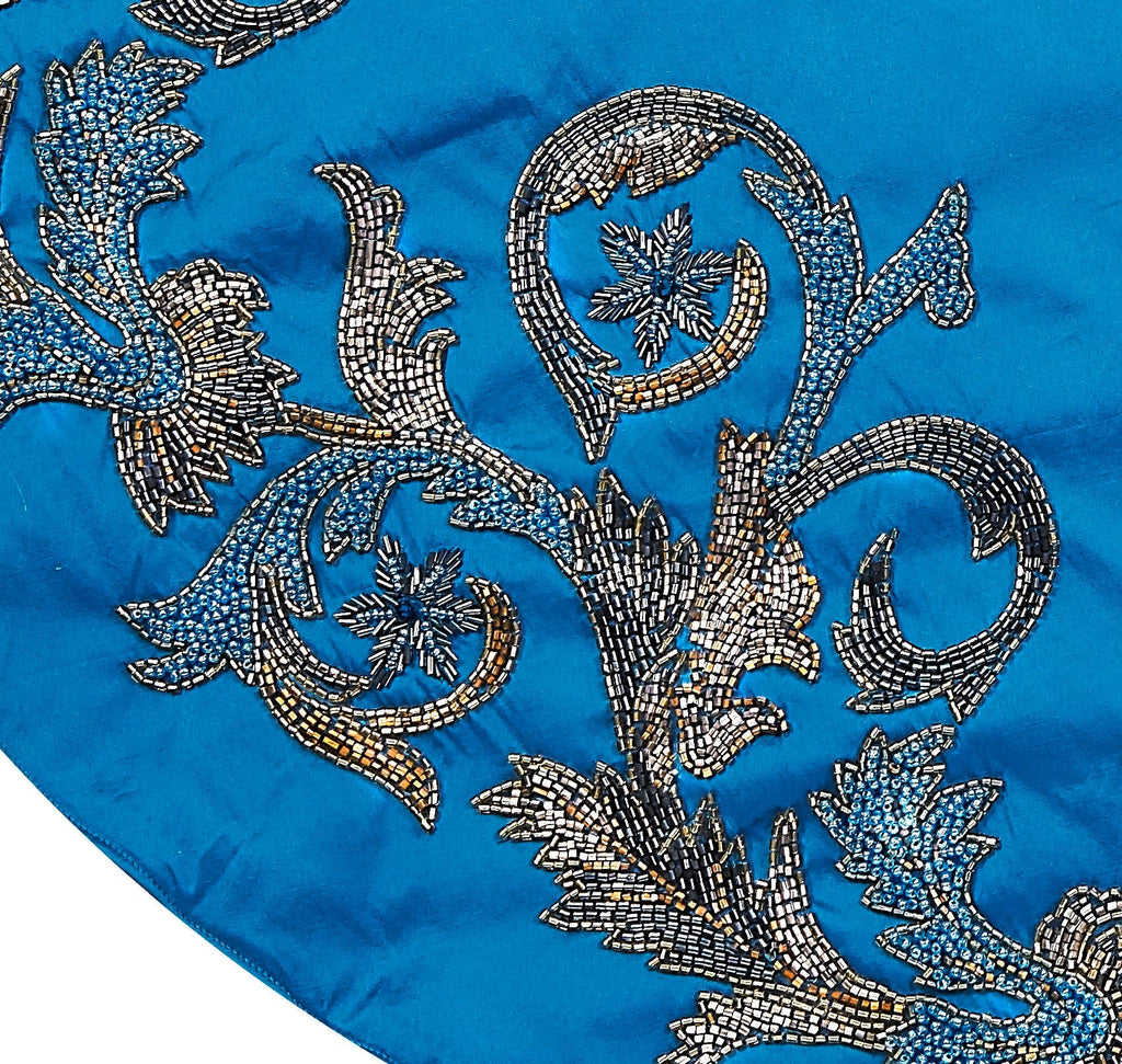 Hand Beaded Imperial Blue Silk Christmas Tree Skirt Blue 60" / 72" Arcadia Home