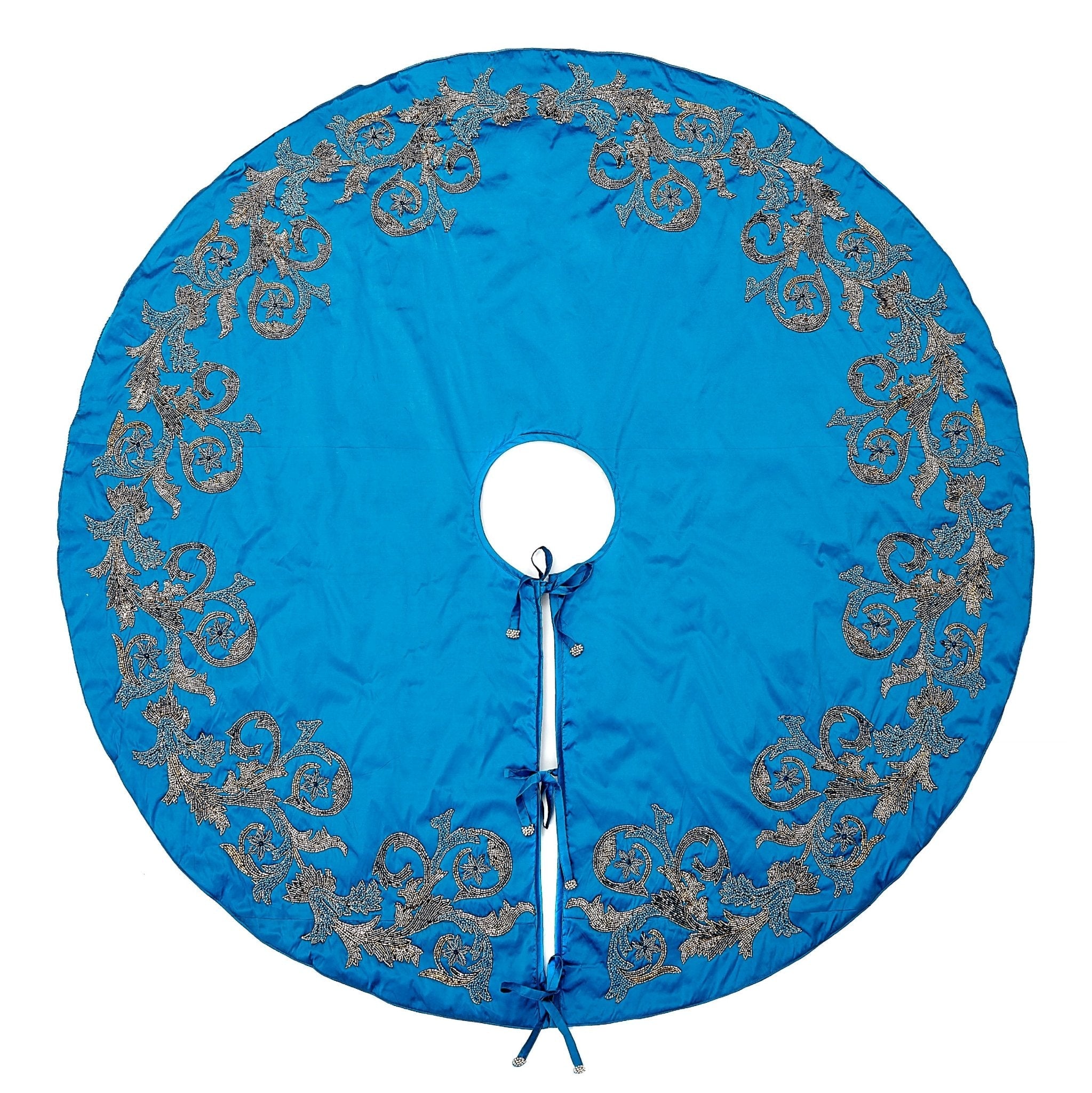 Hand Beaded Imperial Blue Silk Christmas Tree Skirt Blue 60" / 72" Arcadia Home