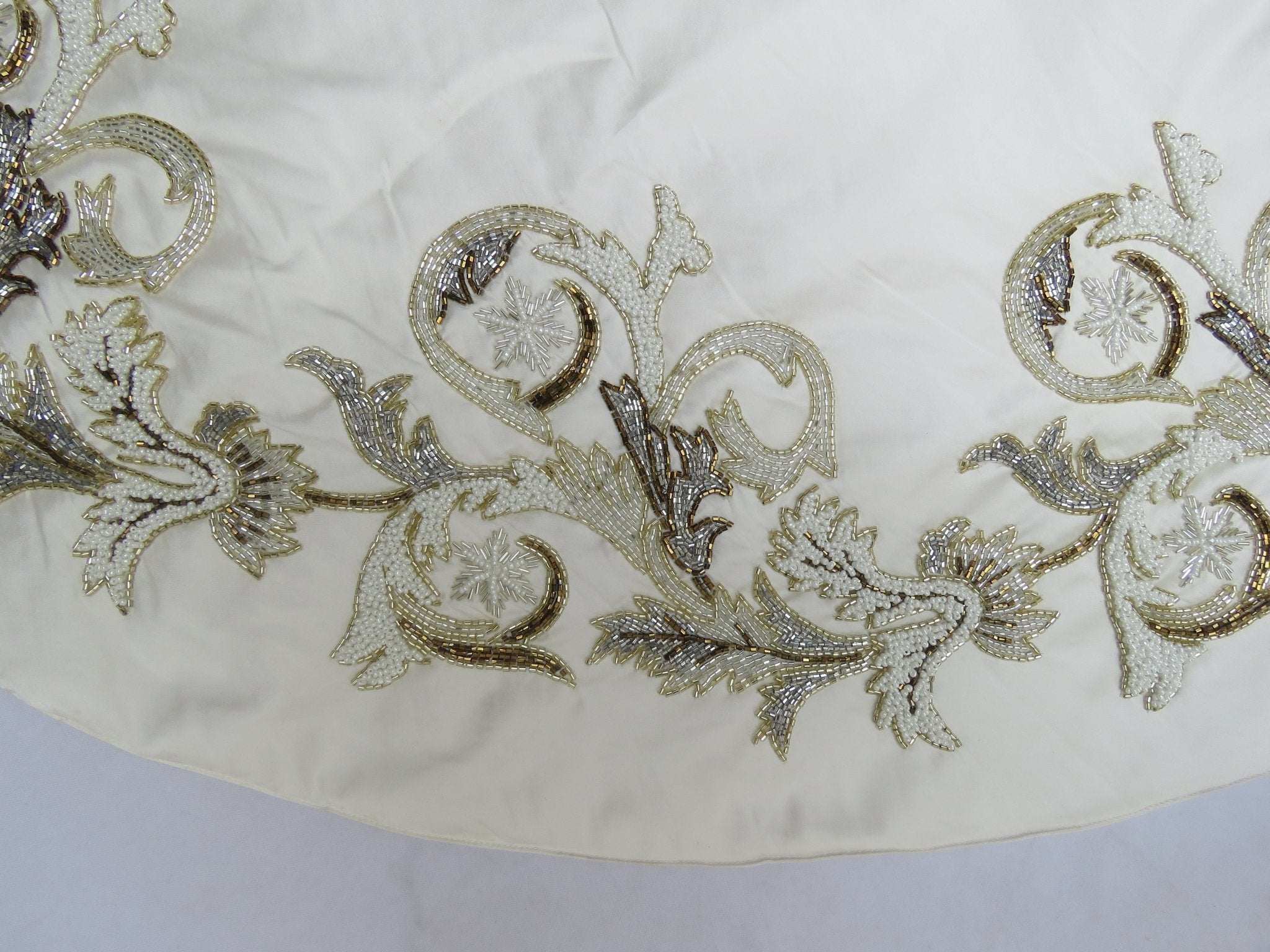 Hand Beaded Imperial Design Large Silk Cream Christmas Tree Skirt 60" Arcadia Home