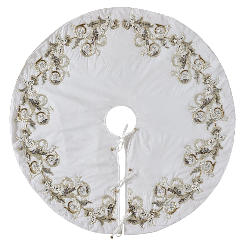 Hand Beaded Imperial Design Large Silk Cream Christmas Tree Skirt 60" Arcadia Home