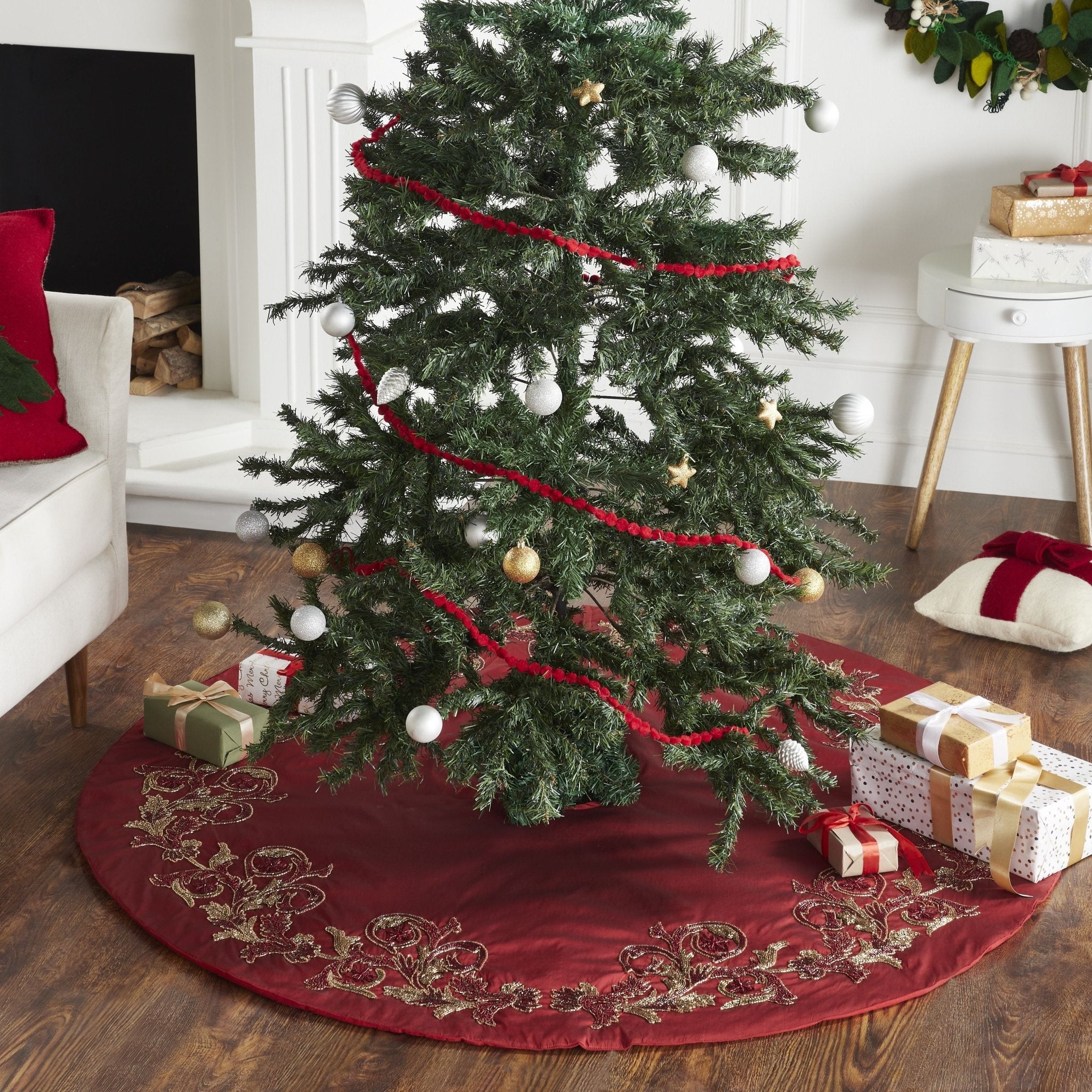 Imperial Design Hand Beaded Red Christmas Tree Skirt Red 60" Arcadia Home