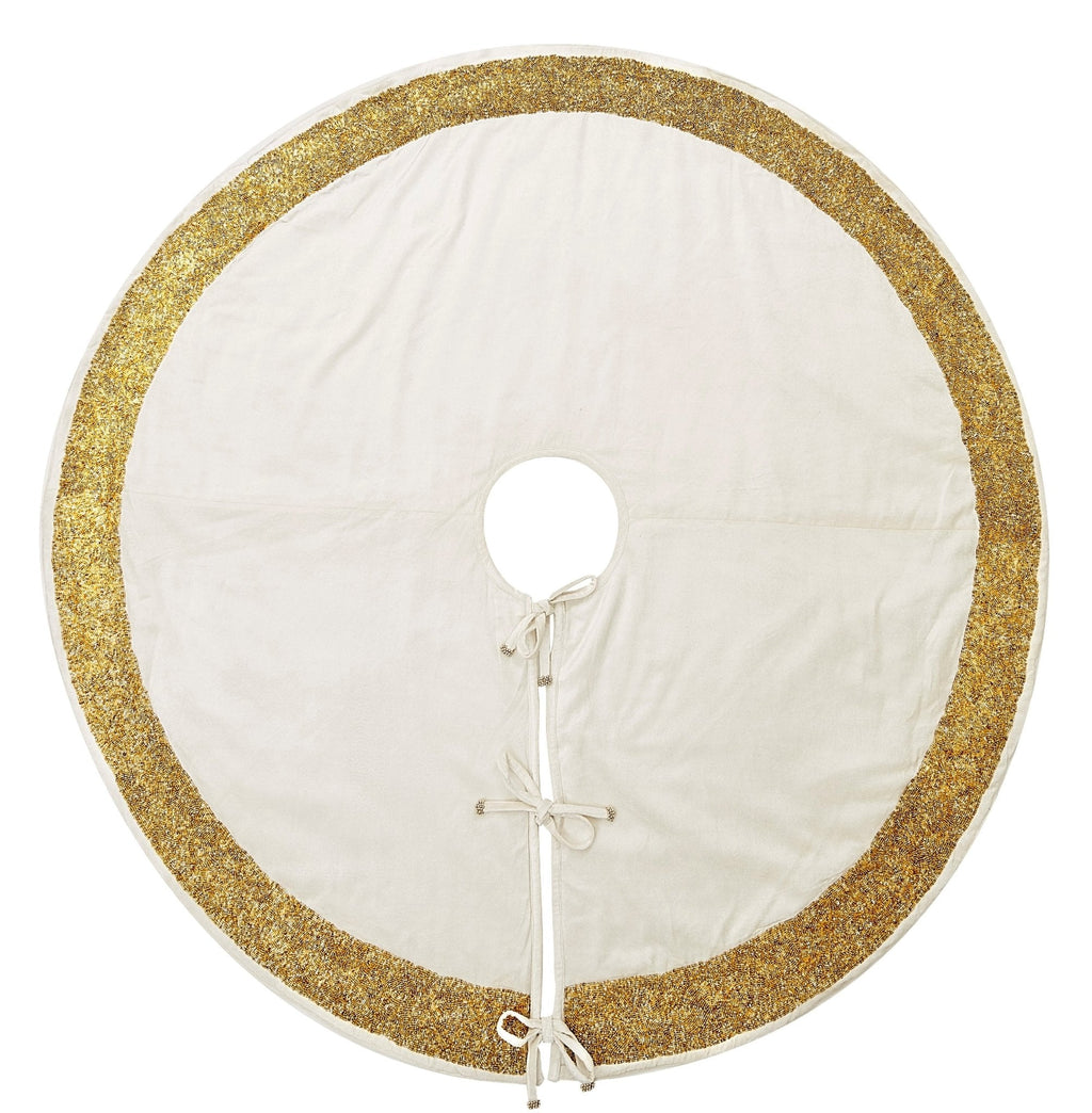 Ivory Velvet Christmas Tree Skirt Hand Beaded Gold Border - 60" Arcadia Home