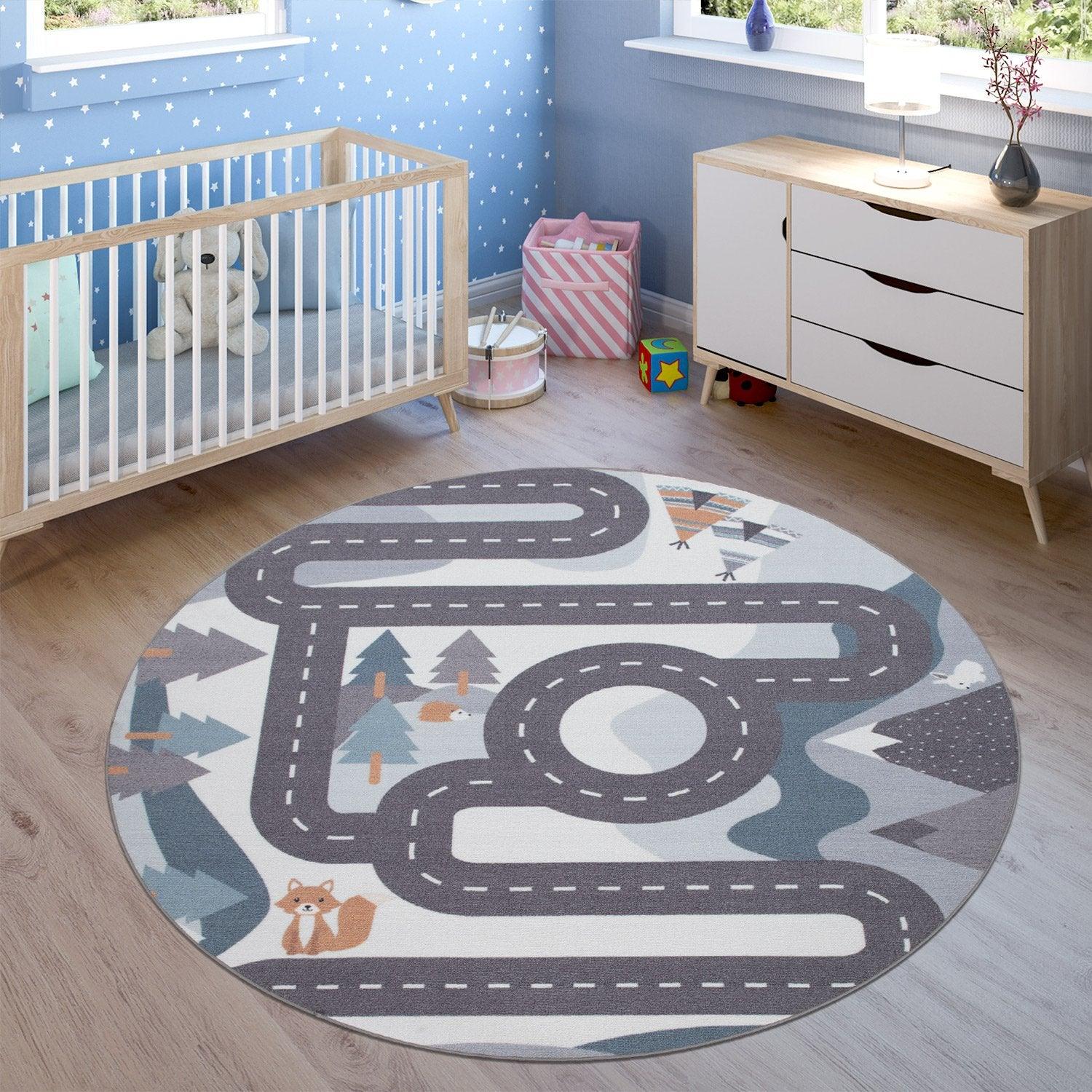 Kids Play Rug For Nursery Road With Forest Animals grey blue