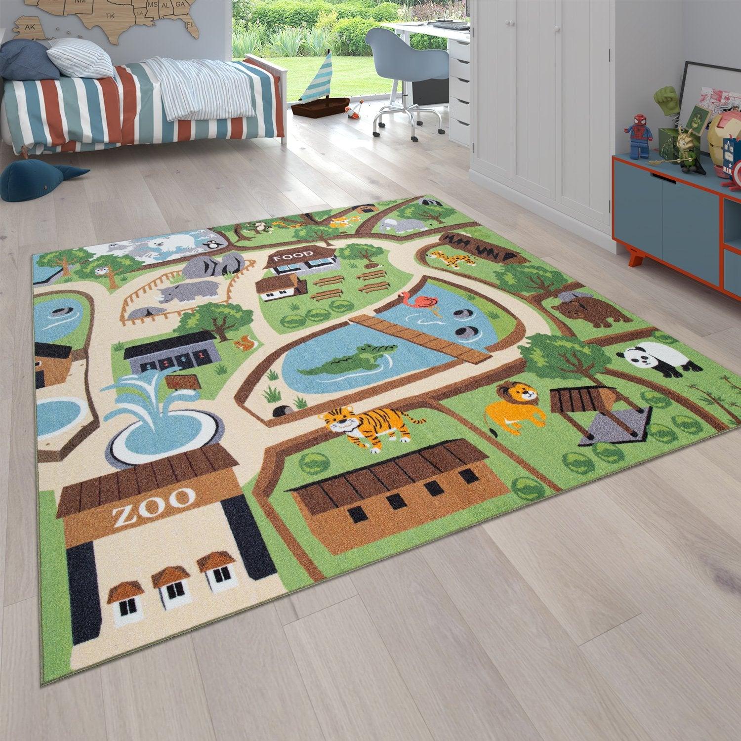 Kids Play Rug for Nursery Zoo Animals green brown colorful