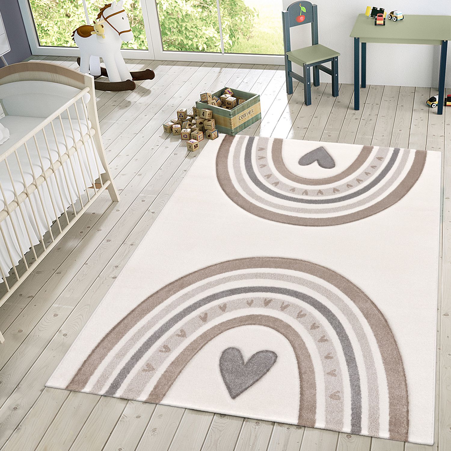 Kids Rug Cosmo with Rainbow & Hearts in Cream