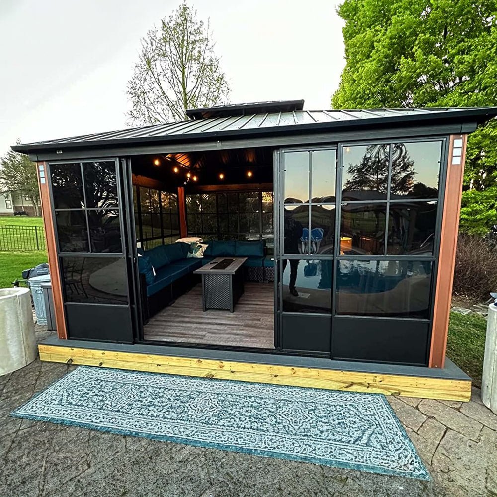[12x14FT] Large Heavy Duty Outdoor Aluminum Patio Hard Double Steel Top Backyard Sun Room Gazebo (94625371)