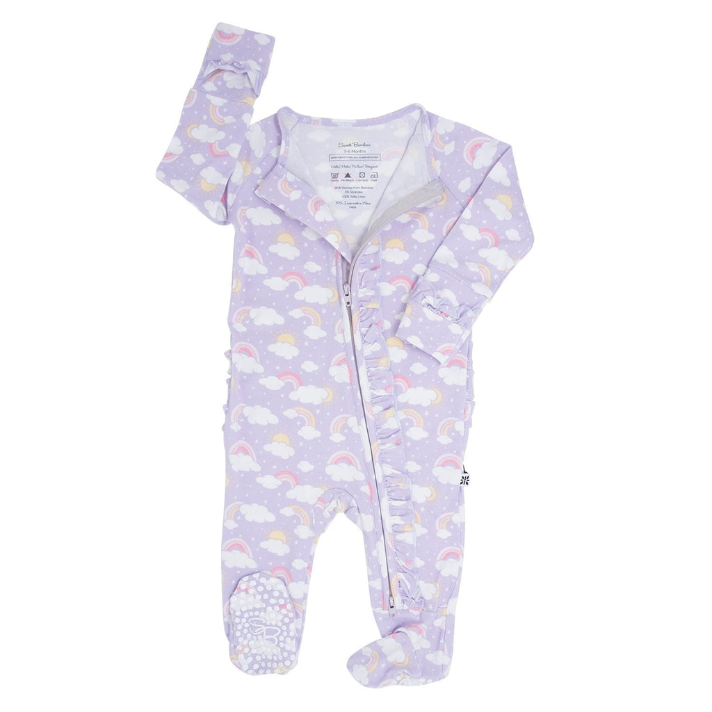 Lavender Rainbows and Clouds Ruffle Baby Footie