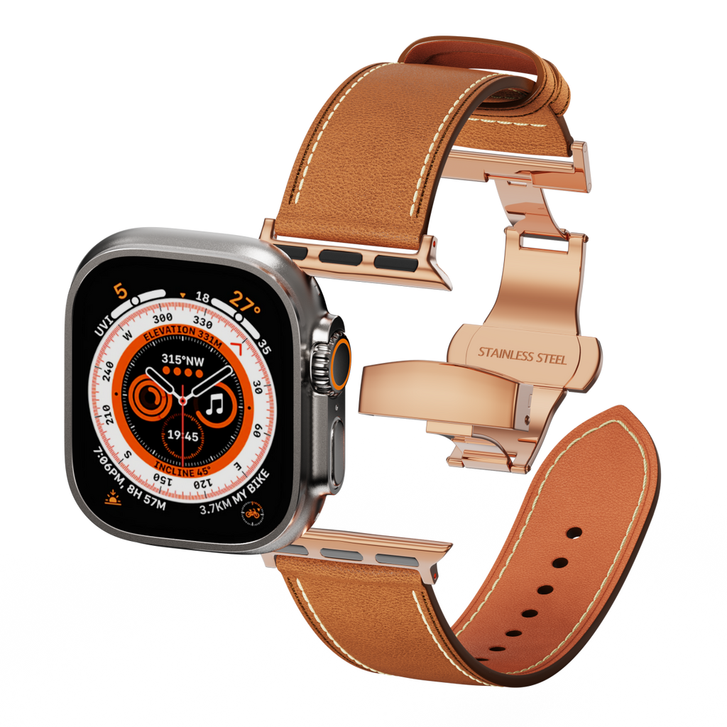 Genuine Leather Butterfly Clasp Band for Apple Watch,Rose Gold