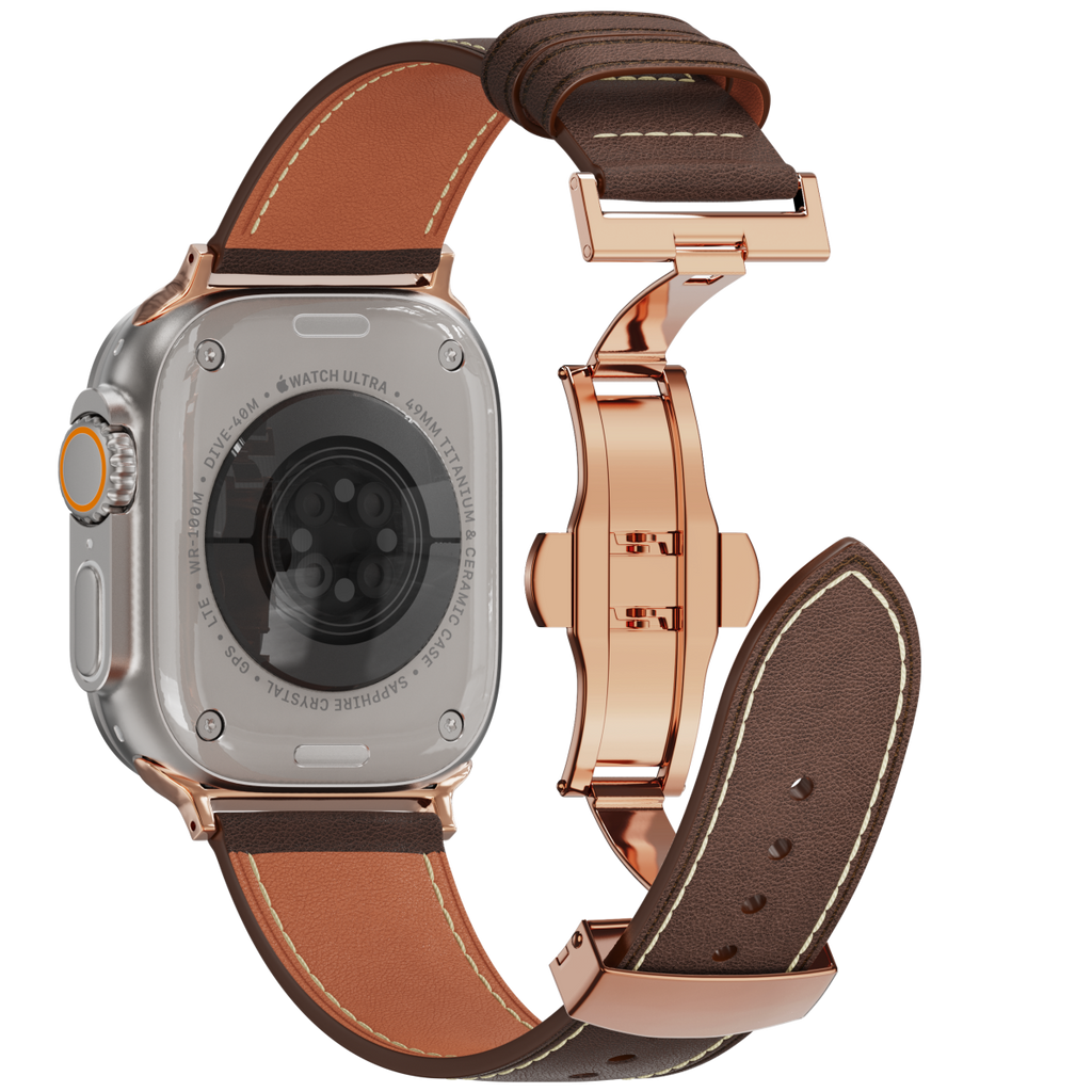 Genuine Leather Butterfly Clasp Band for Apple Watch,Rose Gold
