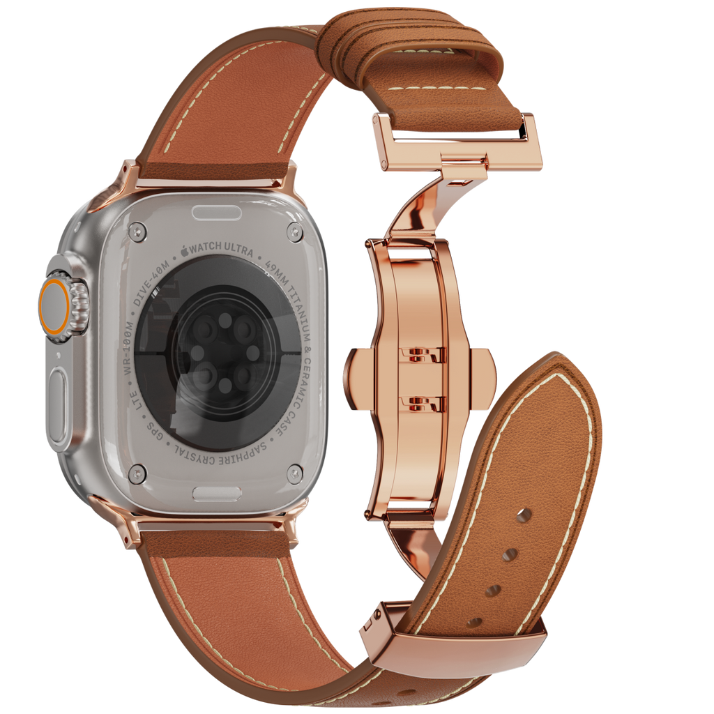 Genuine Leather Butterfly Clasp Band for Apple Watch,Rose Gold