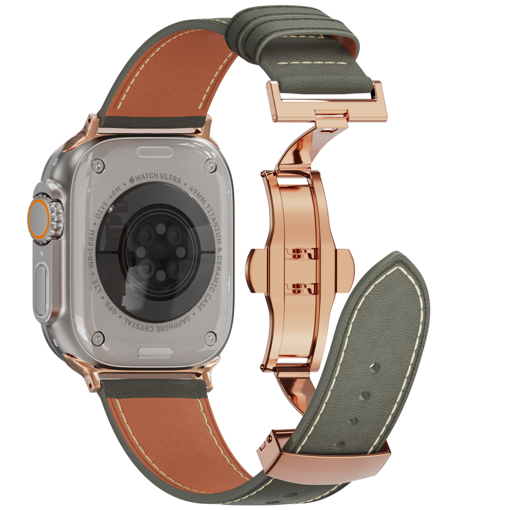 Genuine Leather Butterfly Clasp Band for Apple Watch,Rose Gold