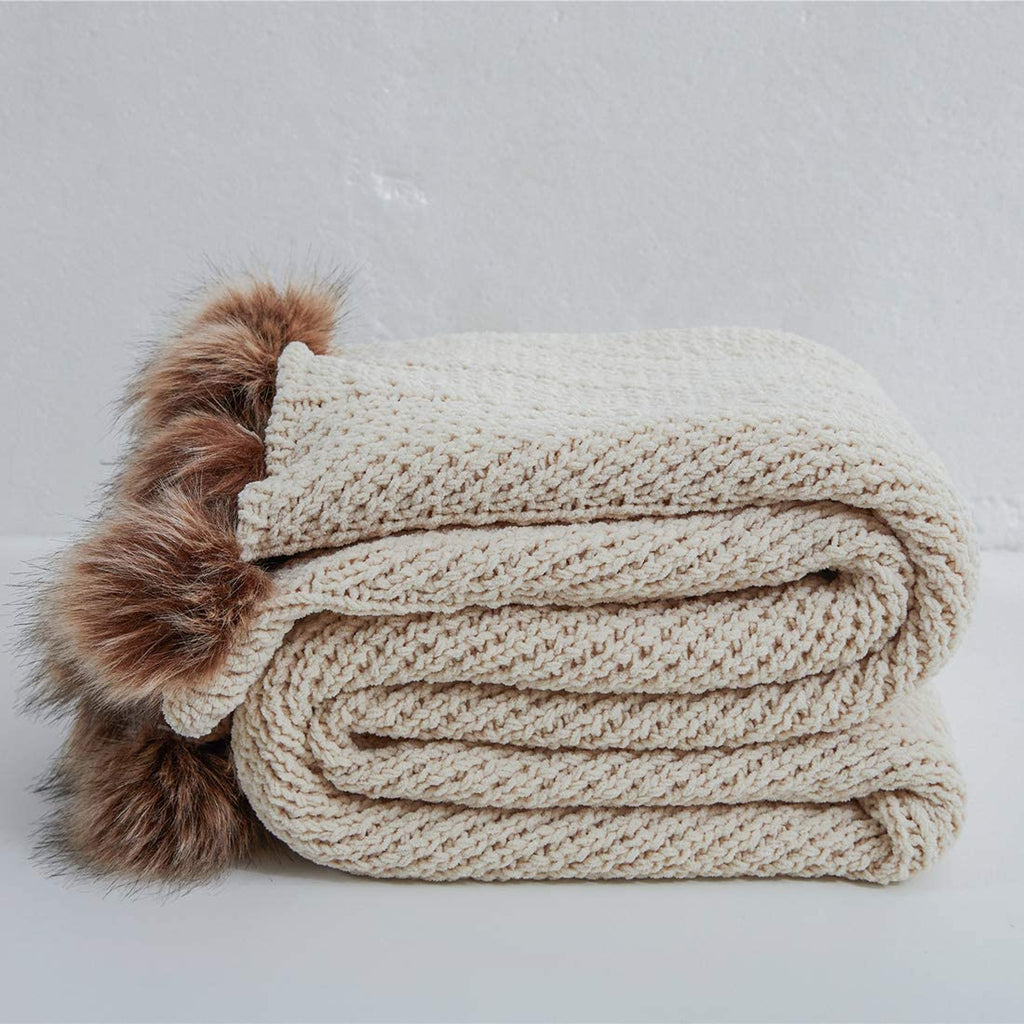 Chenille Throw with Pom Poms - 51"x63"
