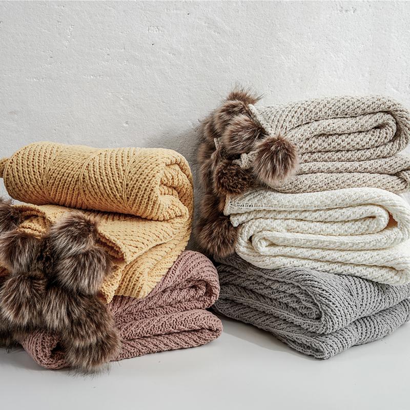 Chenille Throw with Pom Poms - 51"x63"