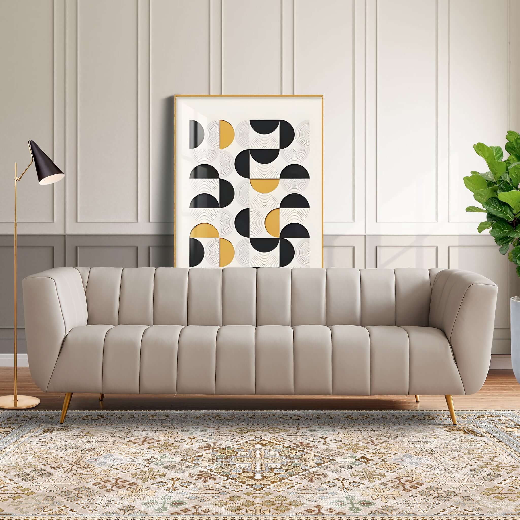 LaMattina Genuine Italian Grey Leather Channel Tufted Sofa – Designer 