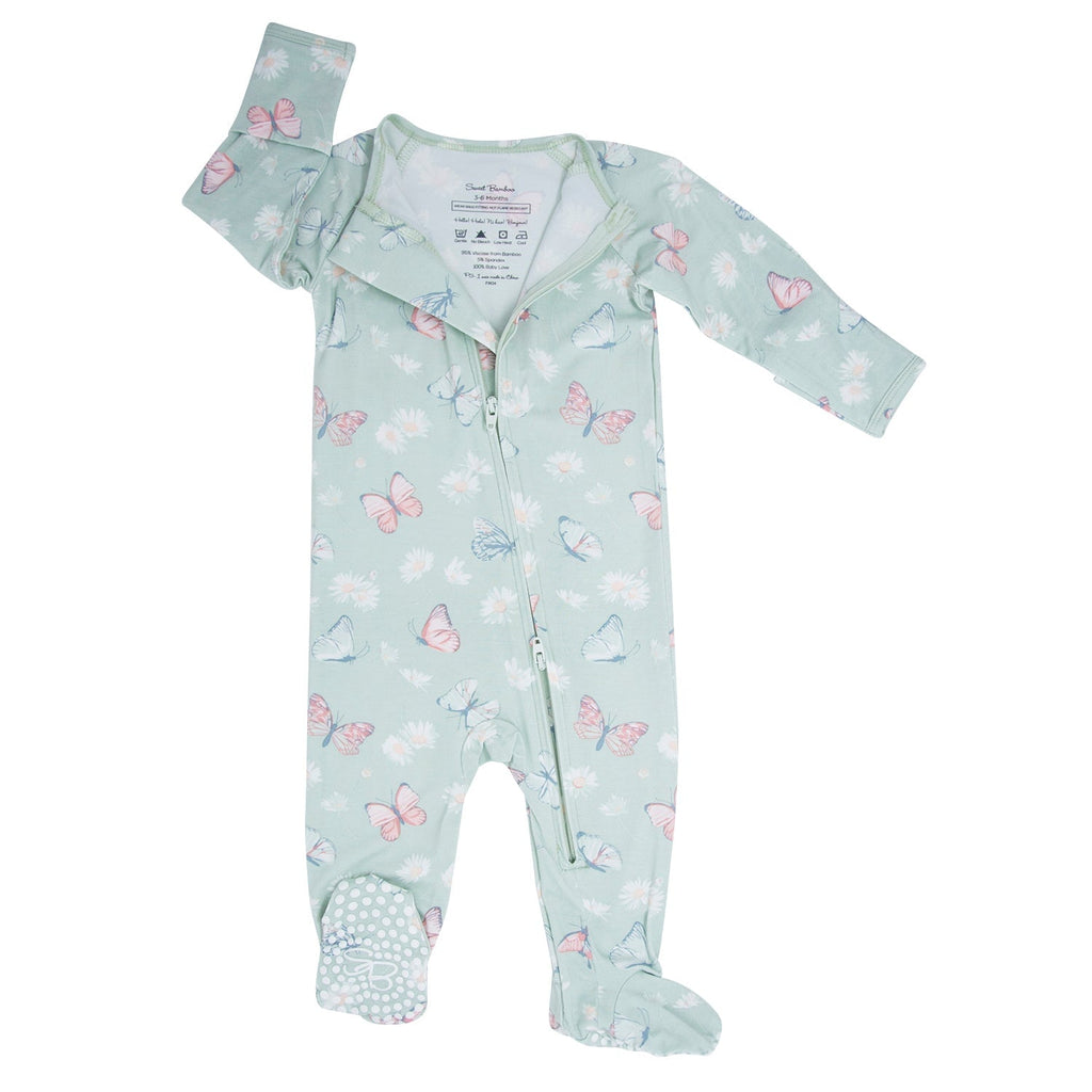 Mint Butterfly Daisy Bamboo Zipper Footie