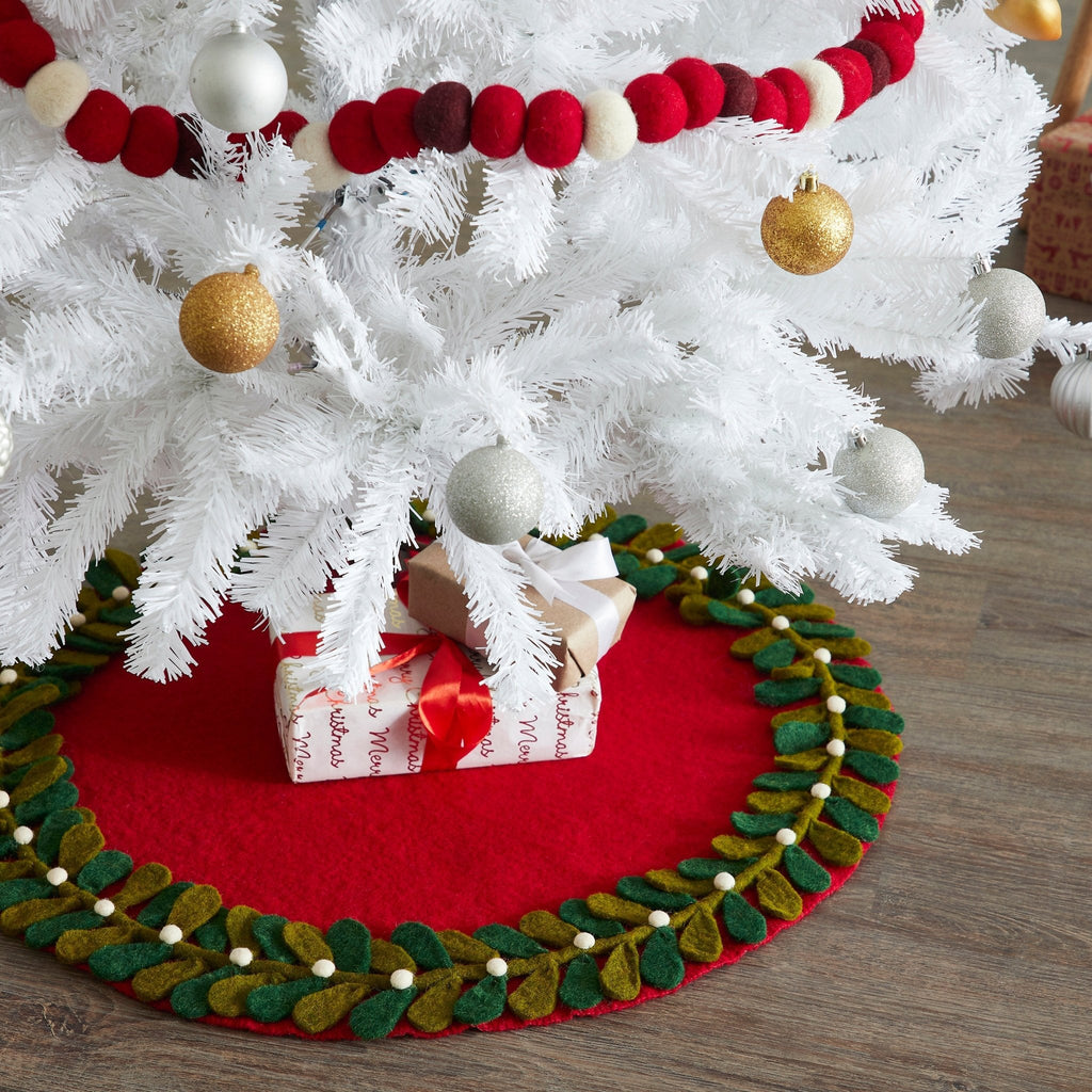 Handmade Mistletoe Border Red Mini Christmas Tree Skirt - 26" Arcadia Home