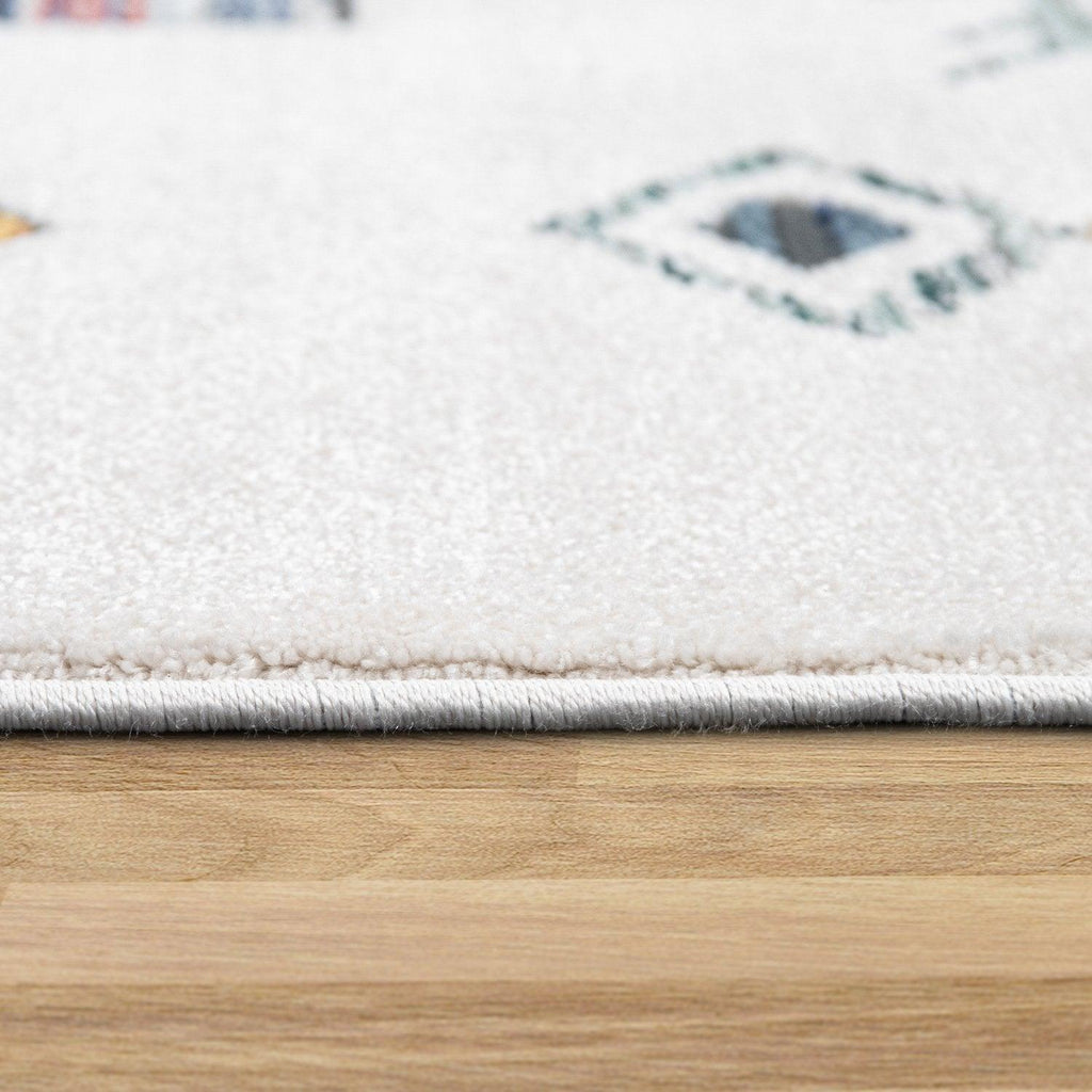 Modern Boho Rug with colorful Diamond Pattern in Cream