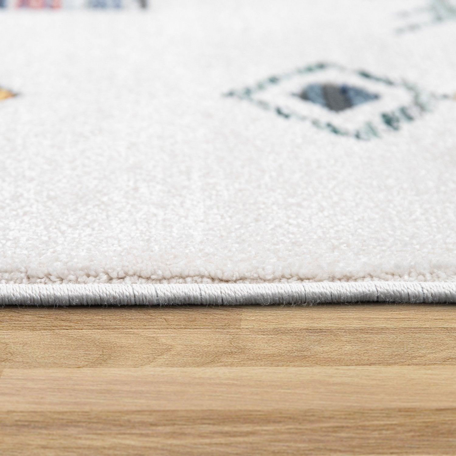 Modern Boho Rug with colorful Diamond Pattern in Cream