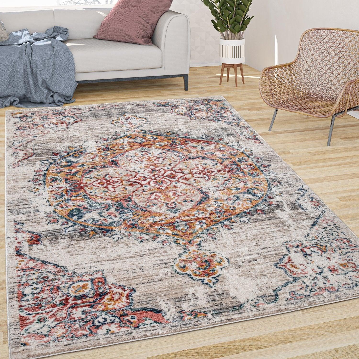 Modern Vintage Rug Oriental Look Abstract Beige Grey Orange