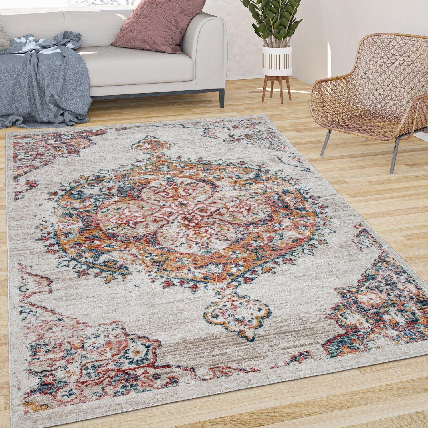 Modern Vintage Rug Oriental Look Abstract Beige Yellow Blue