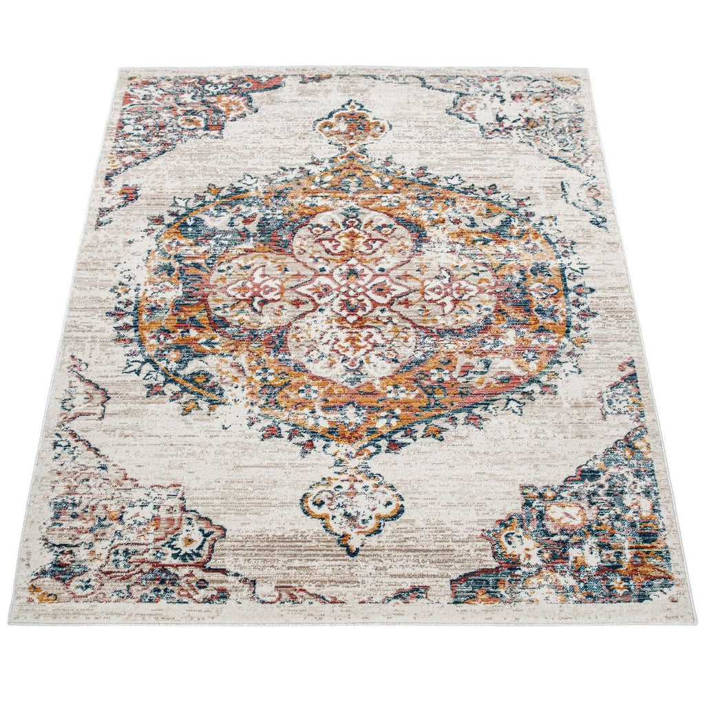 Modern Vintage Rug Oriental Look Abstract Beige Yellow Blue