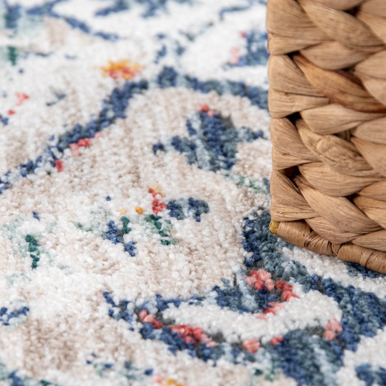 Modern Vintage Rug Oriental Look Abstract Blue Beige Red