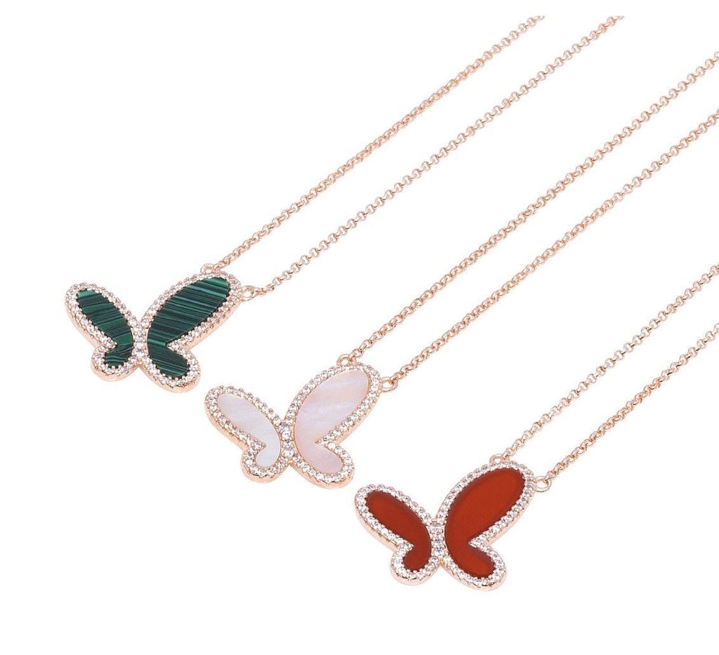 Mother of Pearl w/ 18k Gold & Cubic Zirconia Butterfly Necklace Jewelry