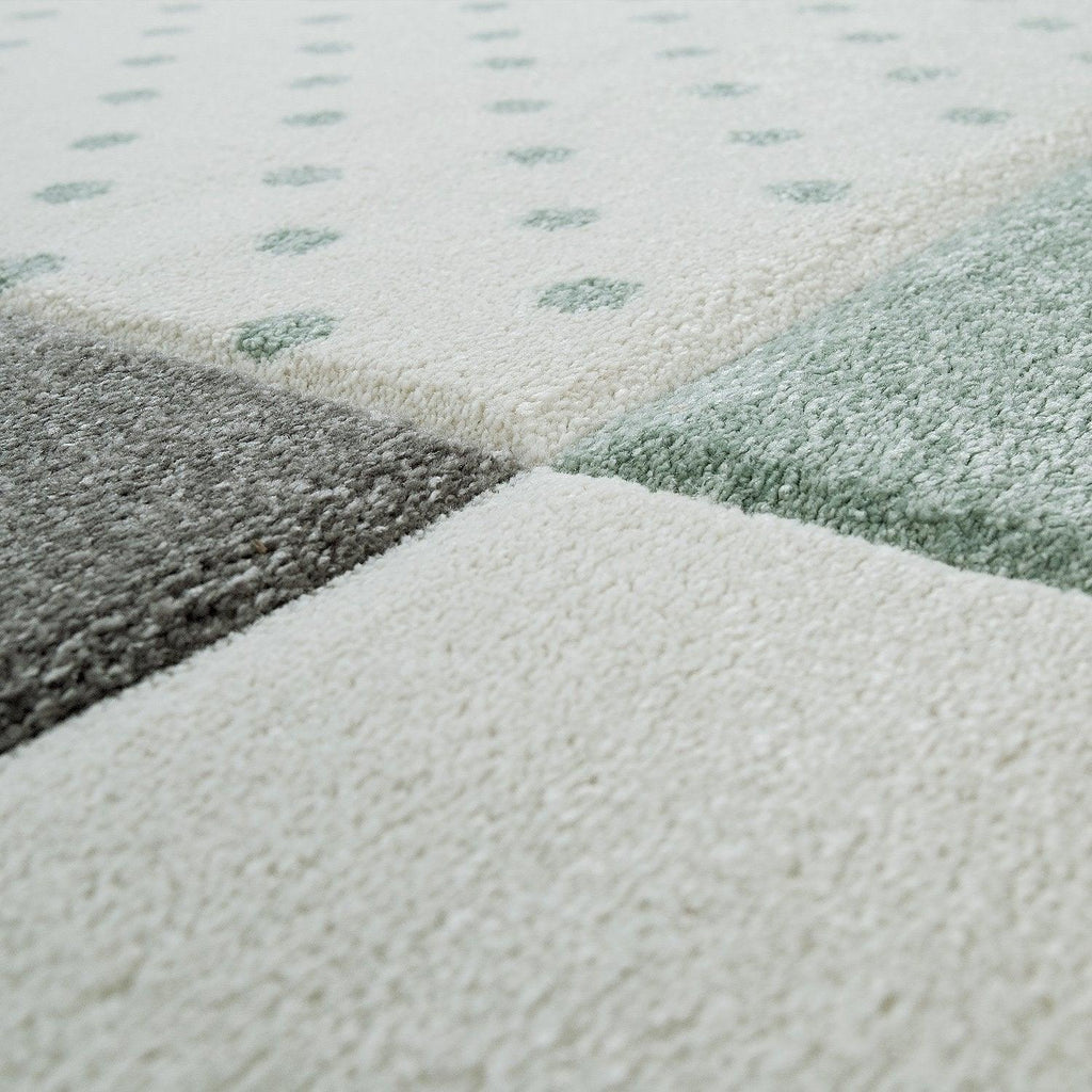 Nursery Rug Kids Checked Dots Hearts Stars in Pastel Green Grey