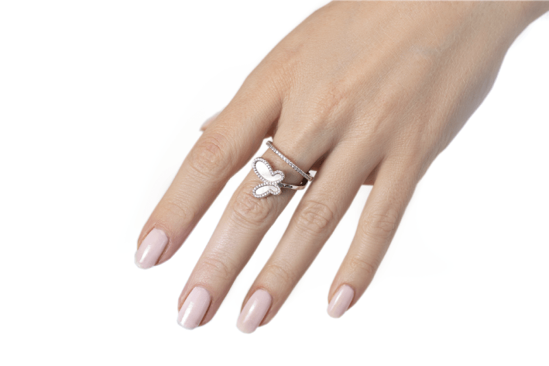 18K Rose Gold w/ Mother Of Pearl Cubic Zirconia Encrusted Swirl Butterfly Ring Jewelry