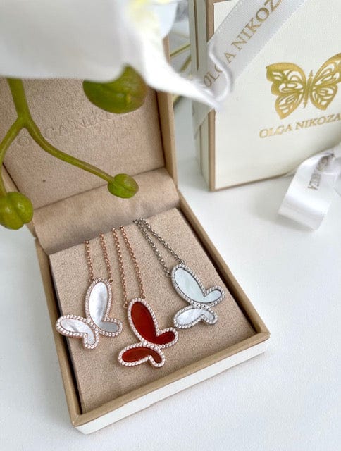 Red Agate w/ 18k Gold & Cubic Zirconia Butterfly Necklace Jewelry