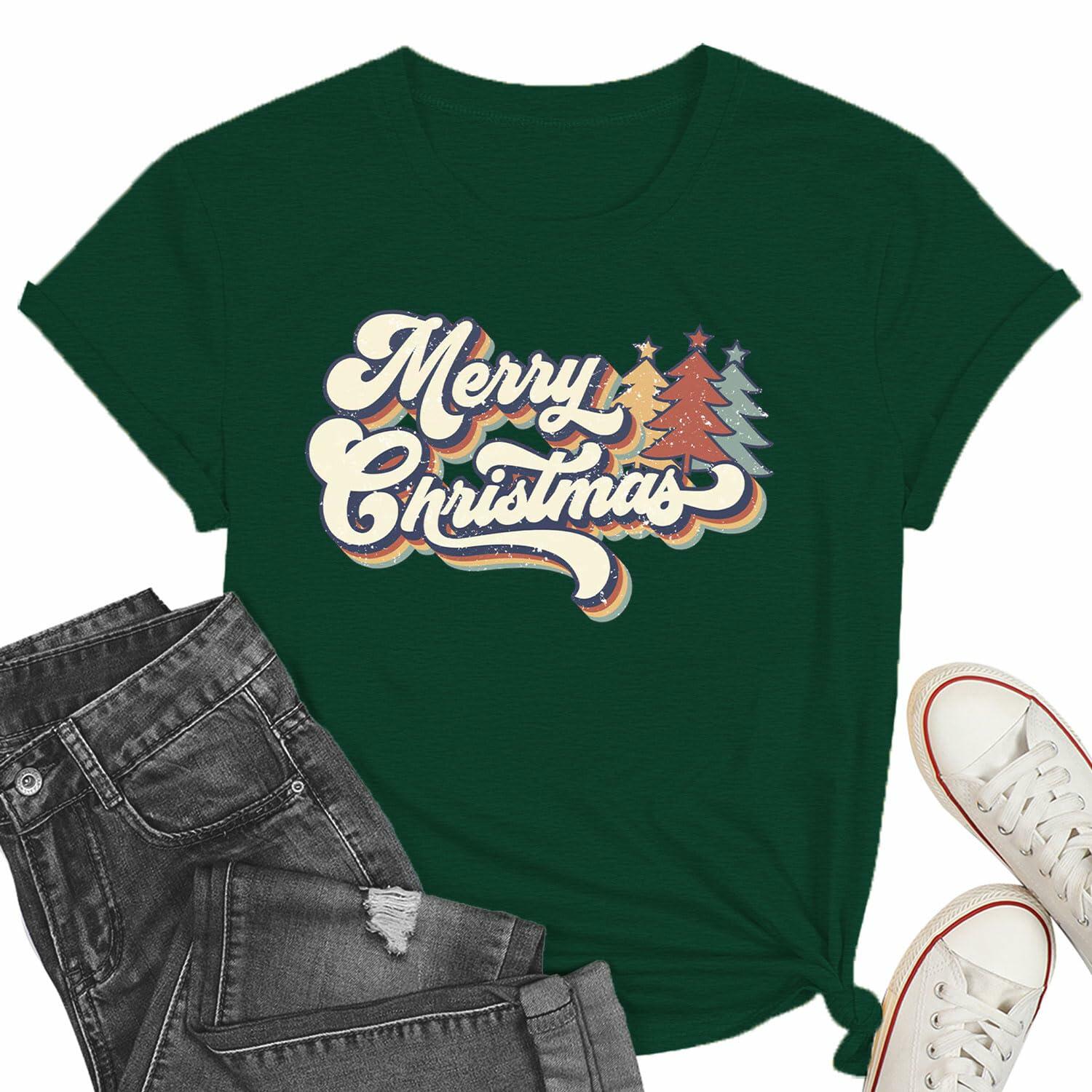 Merry Christmas Family Tee Shirt Women Vintage Xmas Top Green Size L