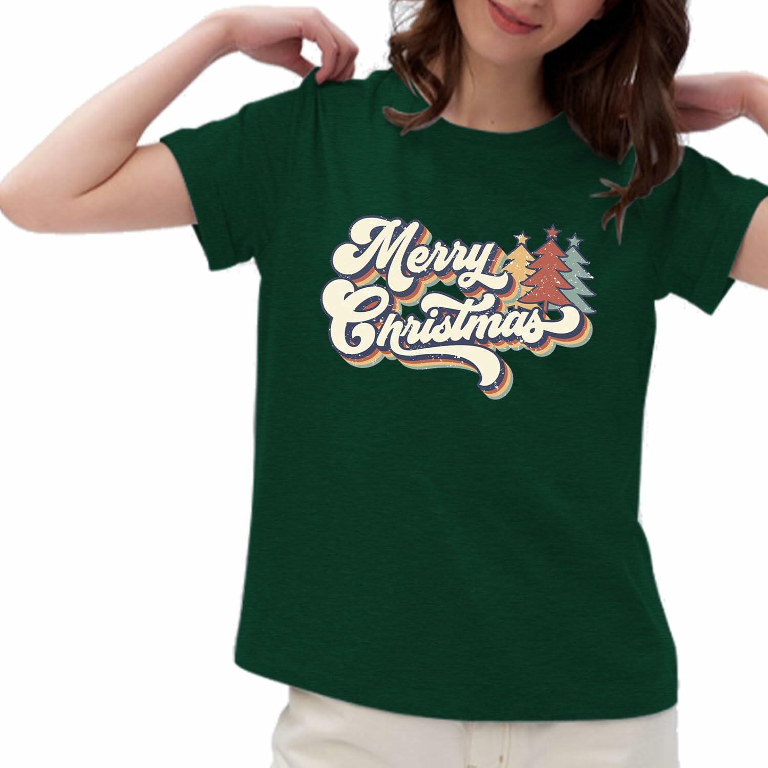 Merry Christmas Family Tee Shirt Women Vintage Xmas Top Green Size L
