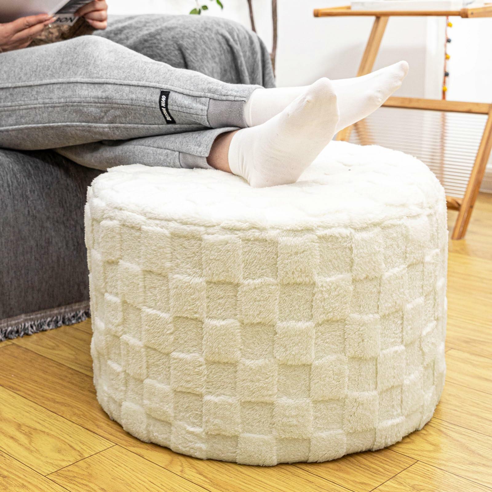Round Pouf Ottoman Boho Floor Pouffe Foot Rest 20x20x14 Inches Ivory Checkered