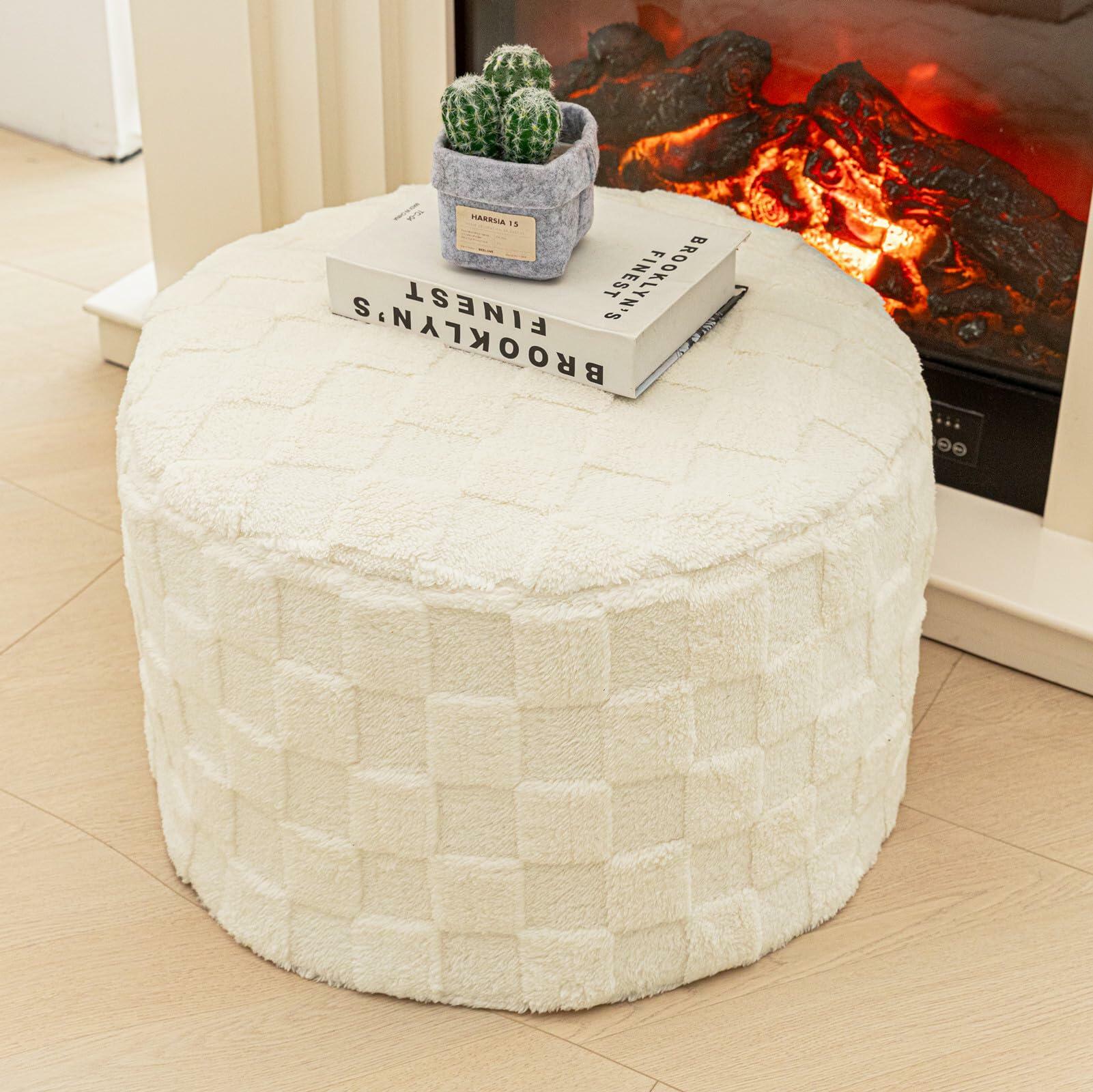 Round Pouf Ottoman Boho Floor Pouffe Foot Rest 20x20x14 Inches Ivory Checkered