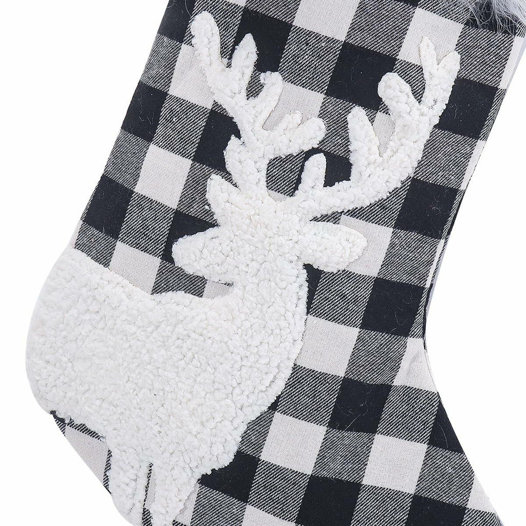 USILAND Christmas Stocking 20in Buffalo Check Pom Pom Faux Fur Black White