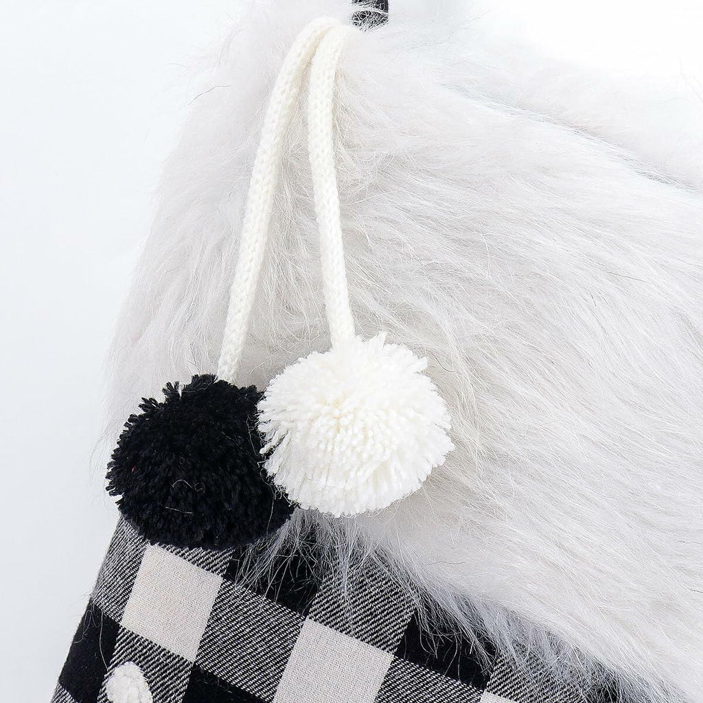 USILAND Christmas Stocking 20in Buffalo Check Pom Pom Faux Fur Black White