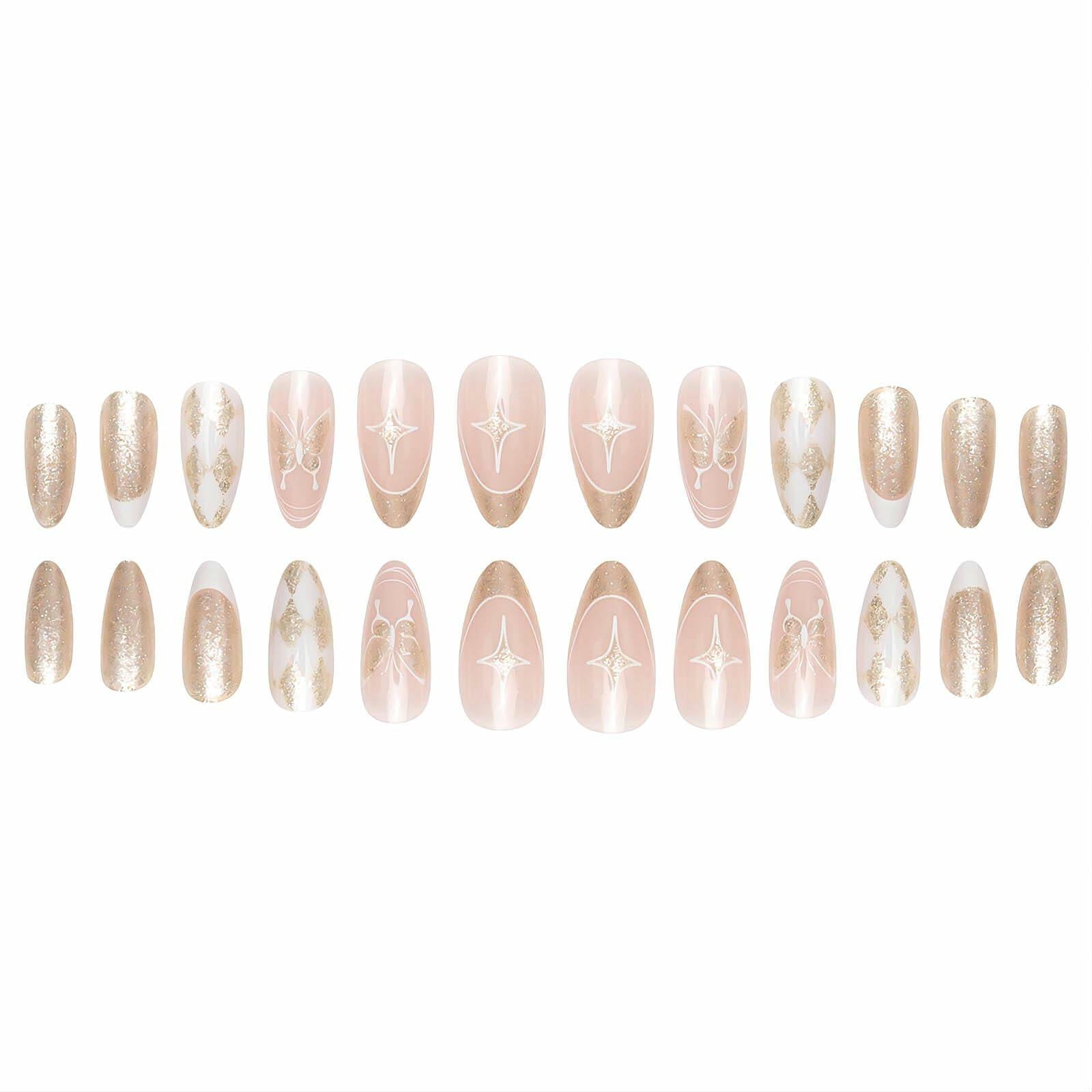Vokupoga Press On Nails French Tip Medium Pink White Glitter 24Pcs