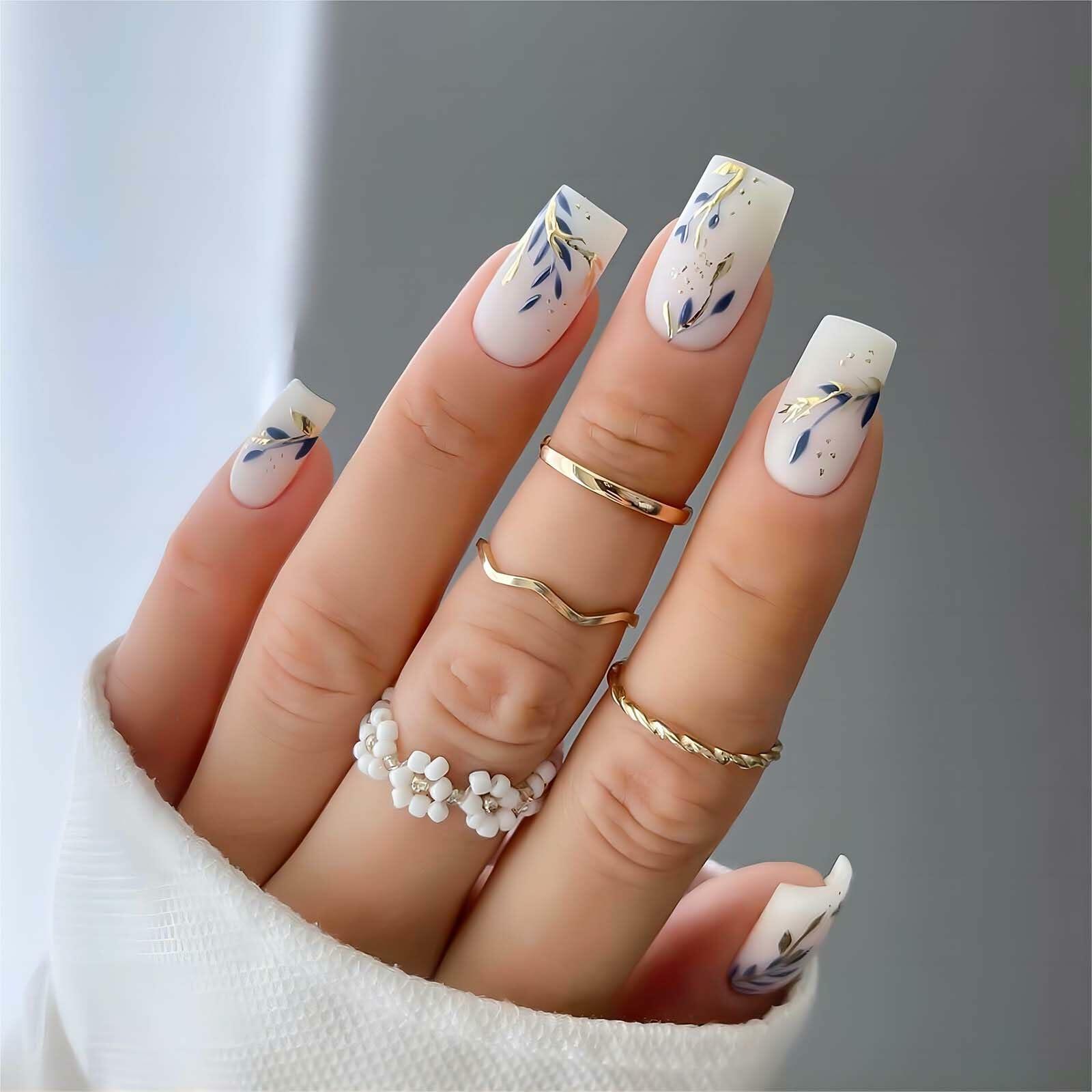 RUOKEXIN Acrylic Press On Nails Short Square Pink Gold Glitter 24Pcs