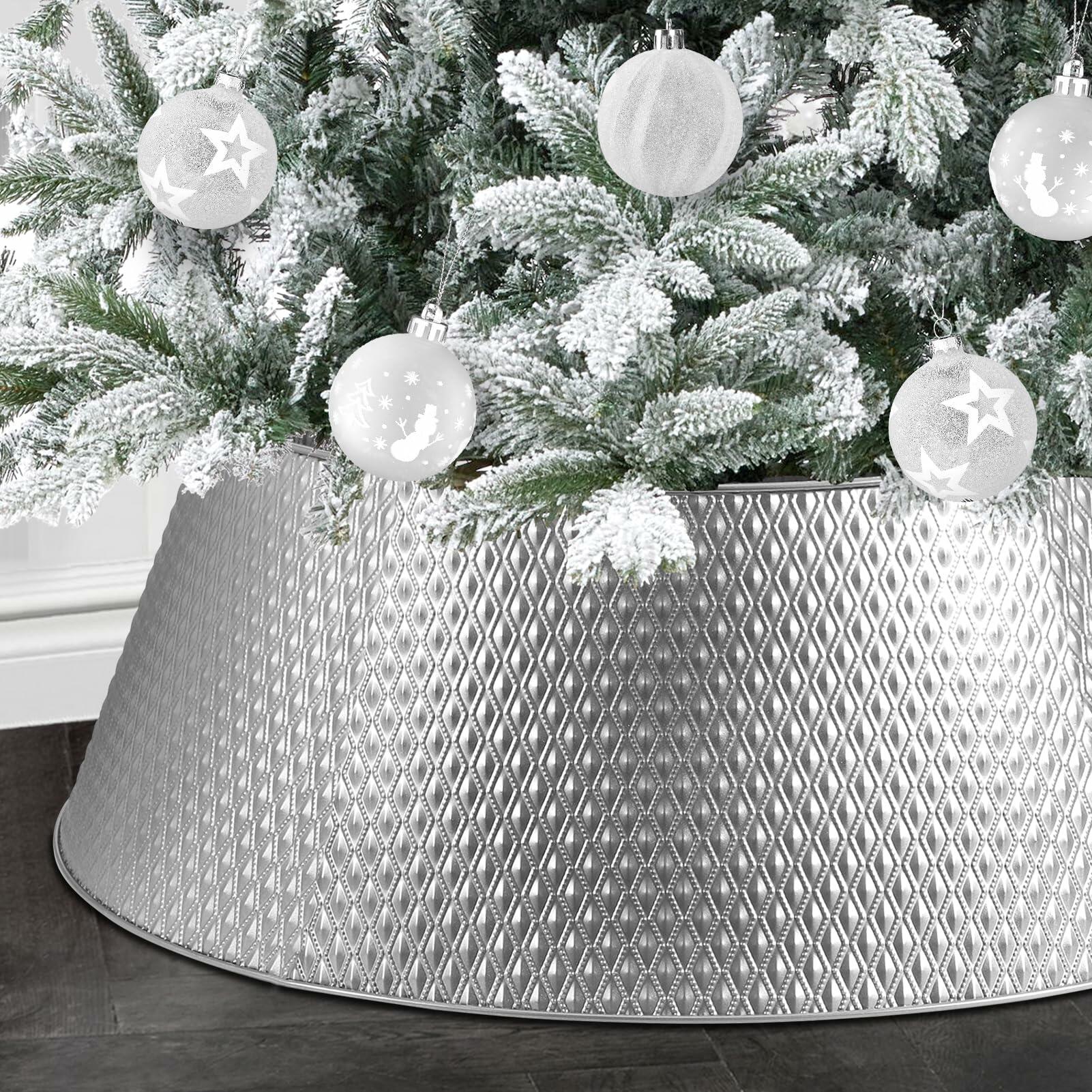 Hatisan Metal Christmas Tree Collar Basket Skirt 28'' Silver Waterproof