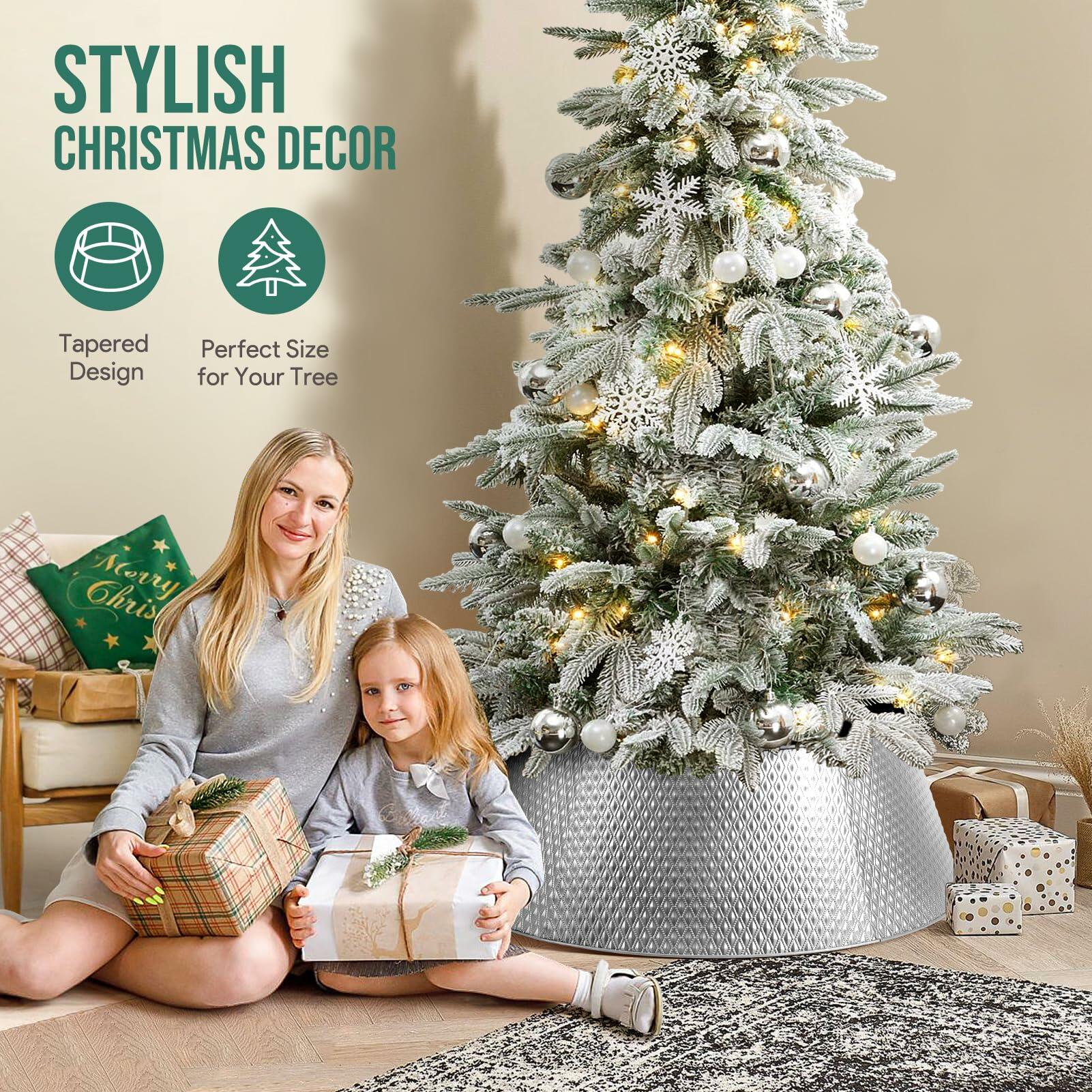 Hatisan Metal Christmas Tree Collar Basket Skirt 28'' Silver Waterproof