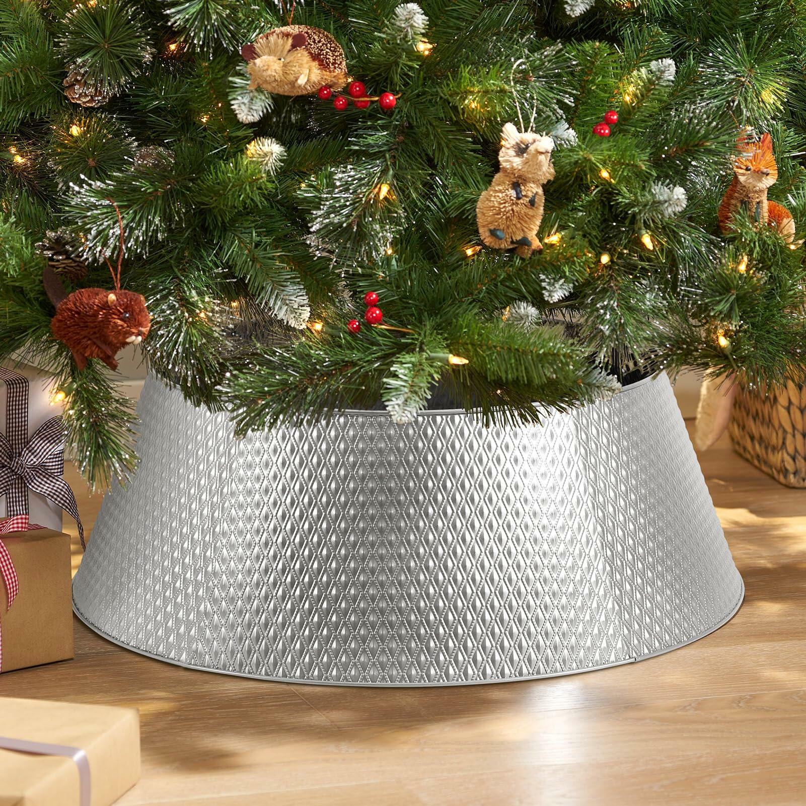 Hatisan Metal Christmas Tree Collar Basket Skirt 28'' Silver Waterproof