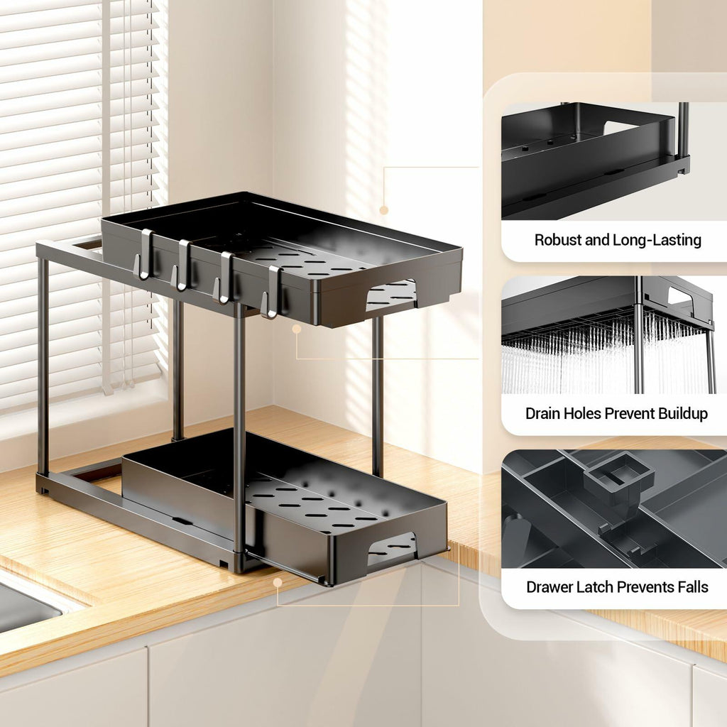 TidyLamu 2 Pack Double Sliding Under Sink Organizers 2 Tier Black
